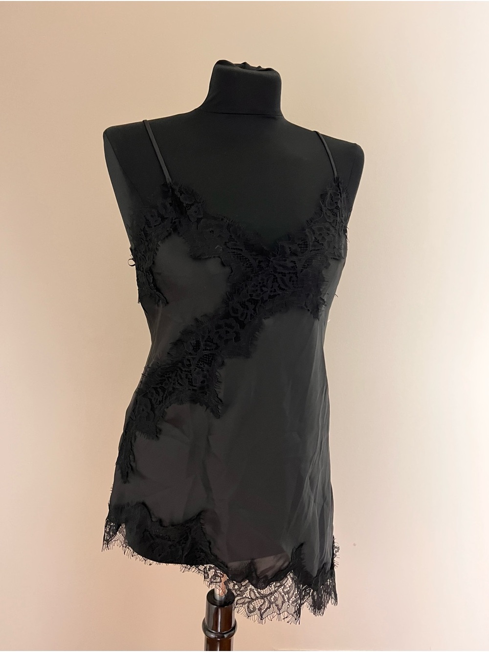 Black Lace-Trim Satin Top NWT